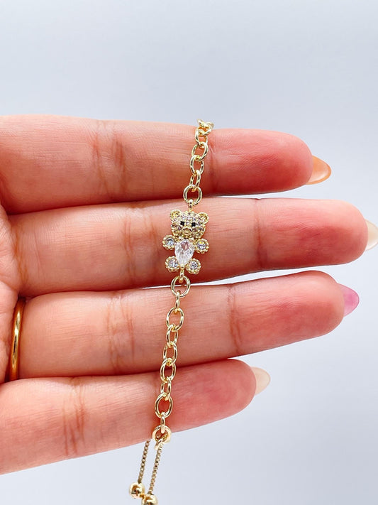 18k Gold Filled Adjustable Curb Link Bracelet With CZ Teddy Bear Center