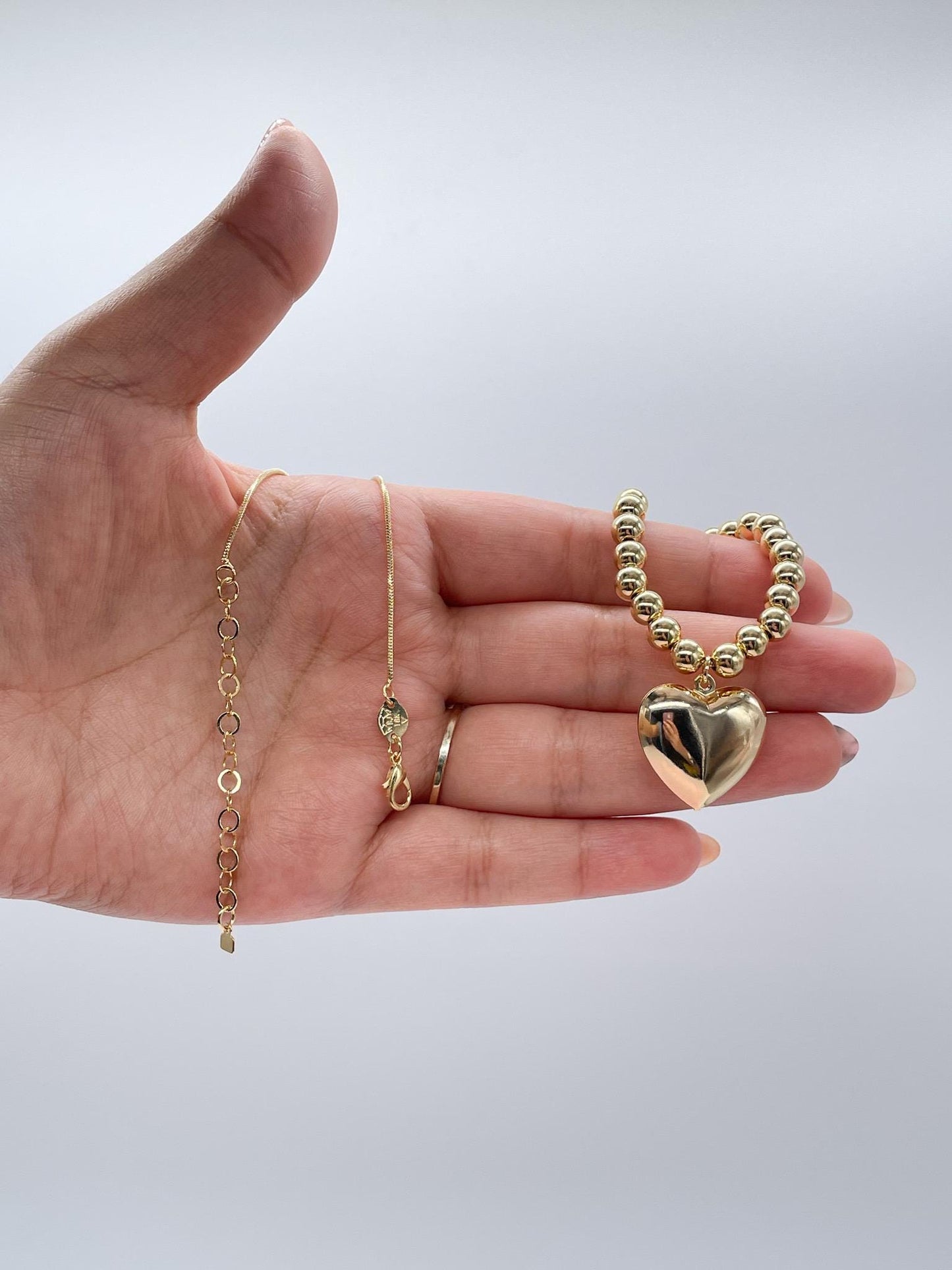 18k Gold Filled 6mm Bead Necklace with a Puffy Heart Charm attached