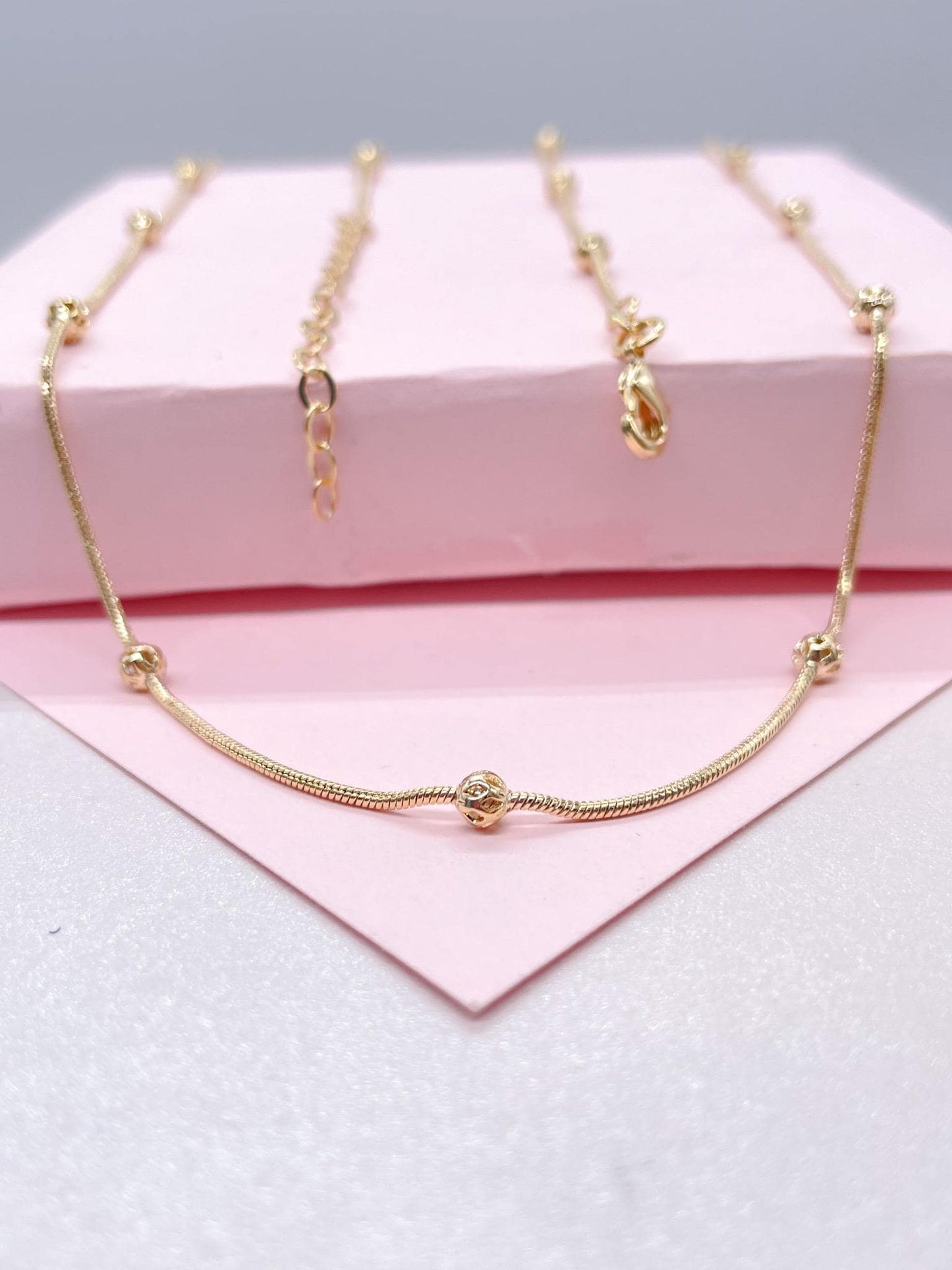 18k Gold Filled 1mm Satellite Snake Chain with Hollow Beads Attached