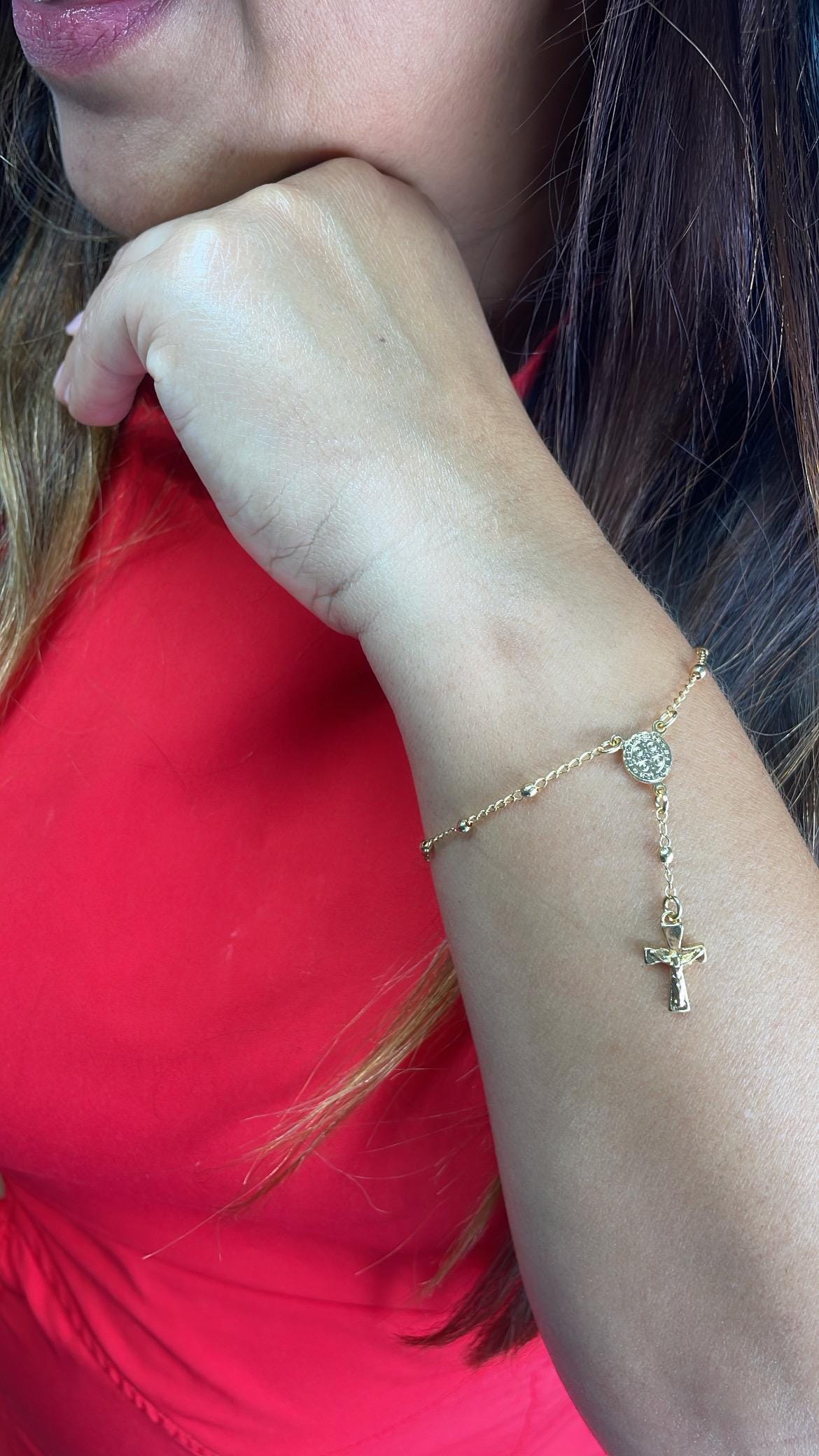 18k Gold Filled Dainty Rosary Bracelet Our Saint Benedict With Victorian Crucifix Detail