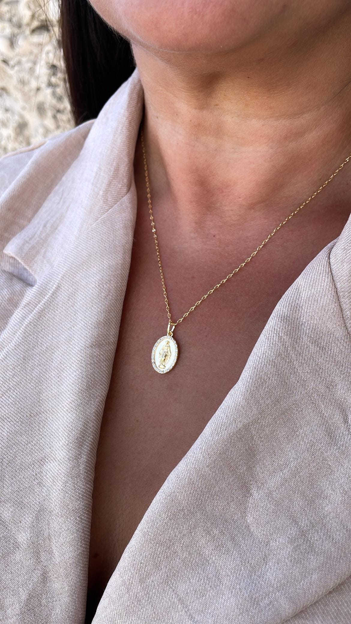 18k Gold Filled Virgin Mary Medallion Pendant Crowned with CZ Stones