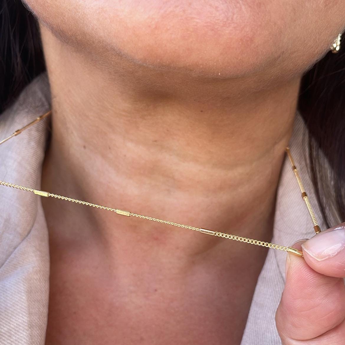 18k Gold Filled 1.5 mm Dainty Interspaced Solid Bar Dash Curb Chain Necklace Supplies Designers