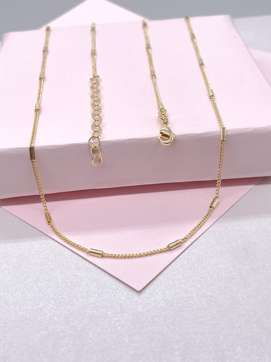 18k Gold Filled 1.5 mm Dainty Interspaced Solid Bar Dash Curb Chain Necklace Supplies Designers