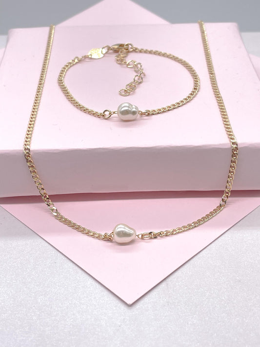 18k Gold Filled Cuban Link Chain with Synthetic Pearl Choker And Bracelet