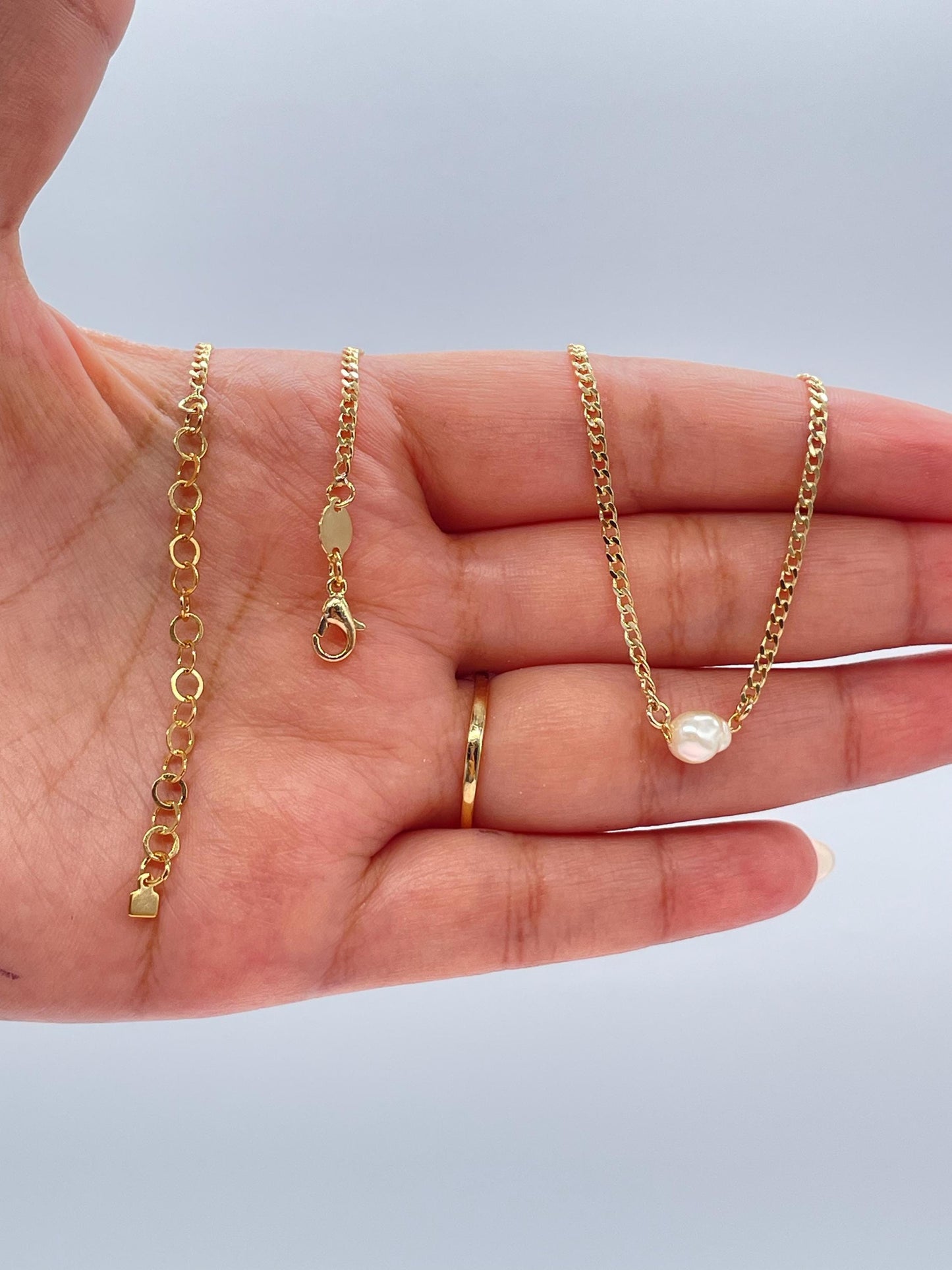 18k Gold Filled Cuban Link Chain with Synthetic Pearl Choker And Bracelet
