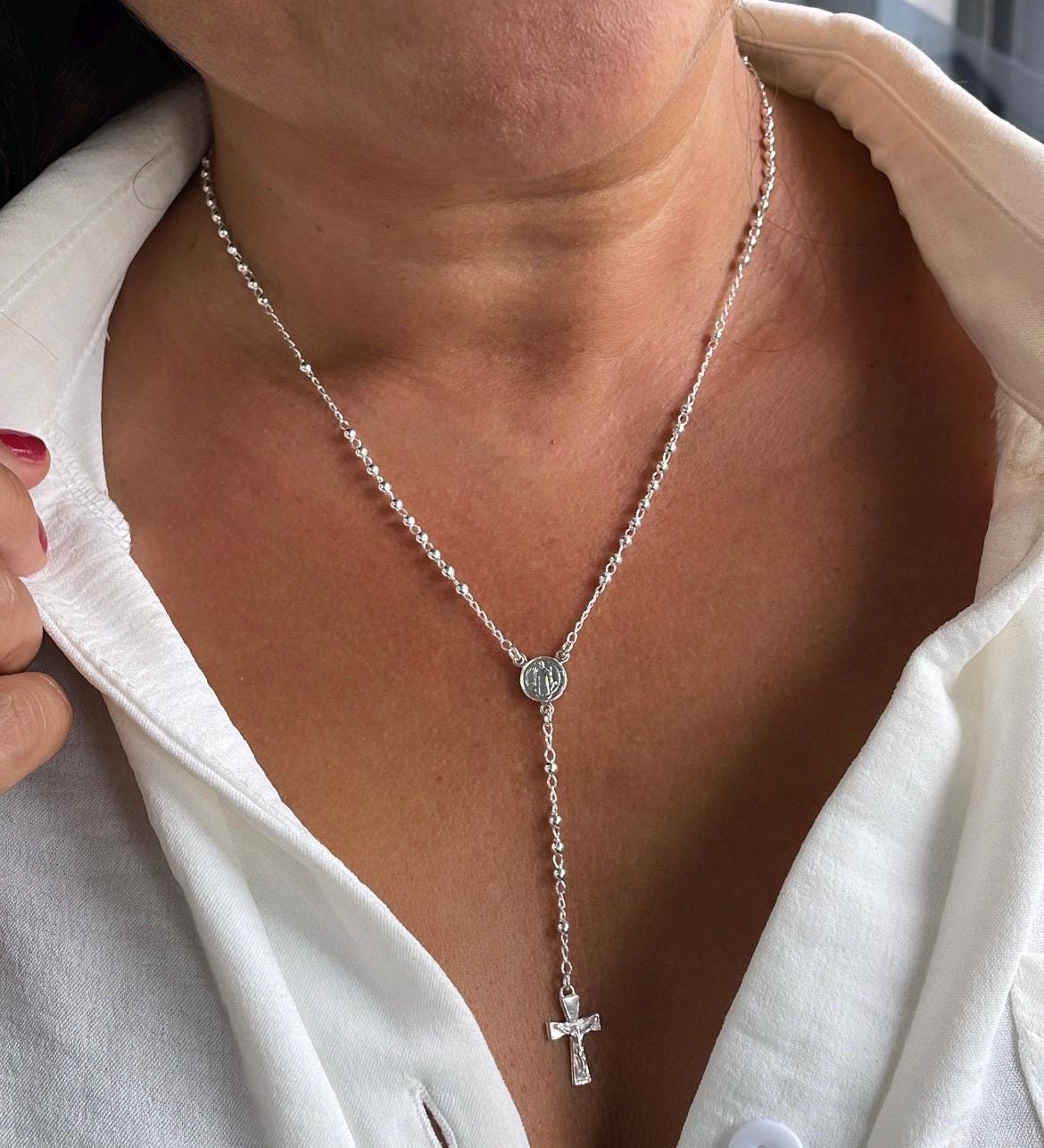 Silver Filled Dainty Rosary with Small Round Saint Benedict Meday and Chunky Crucifix Cross