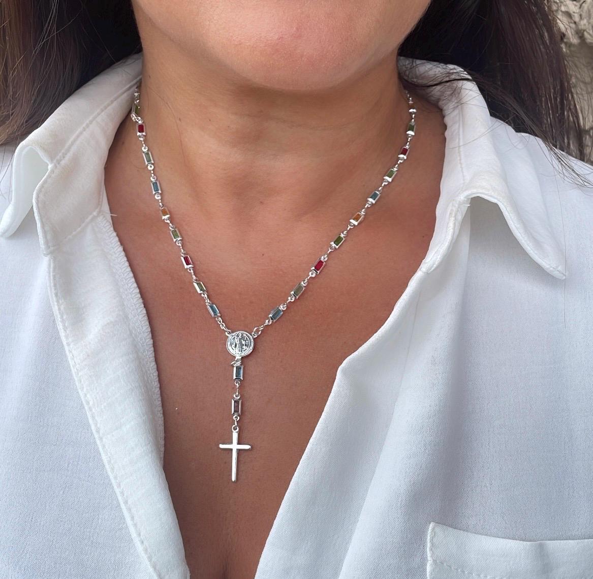 Silver Filled Small Square Colorful Rosary Necklace, Multicolor with St. Benedict Round Medal and Cross