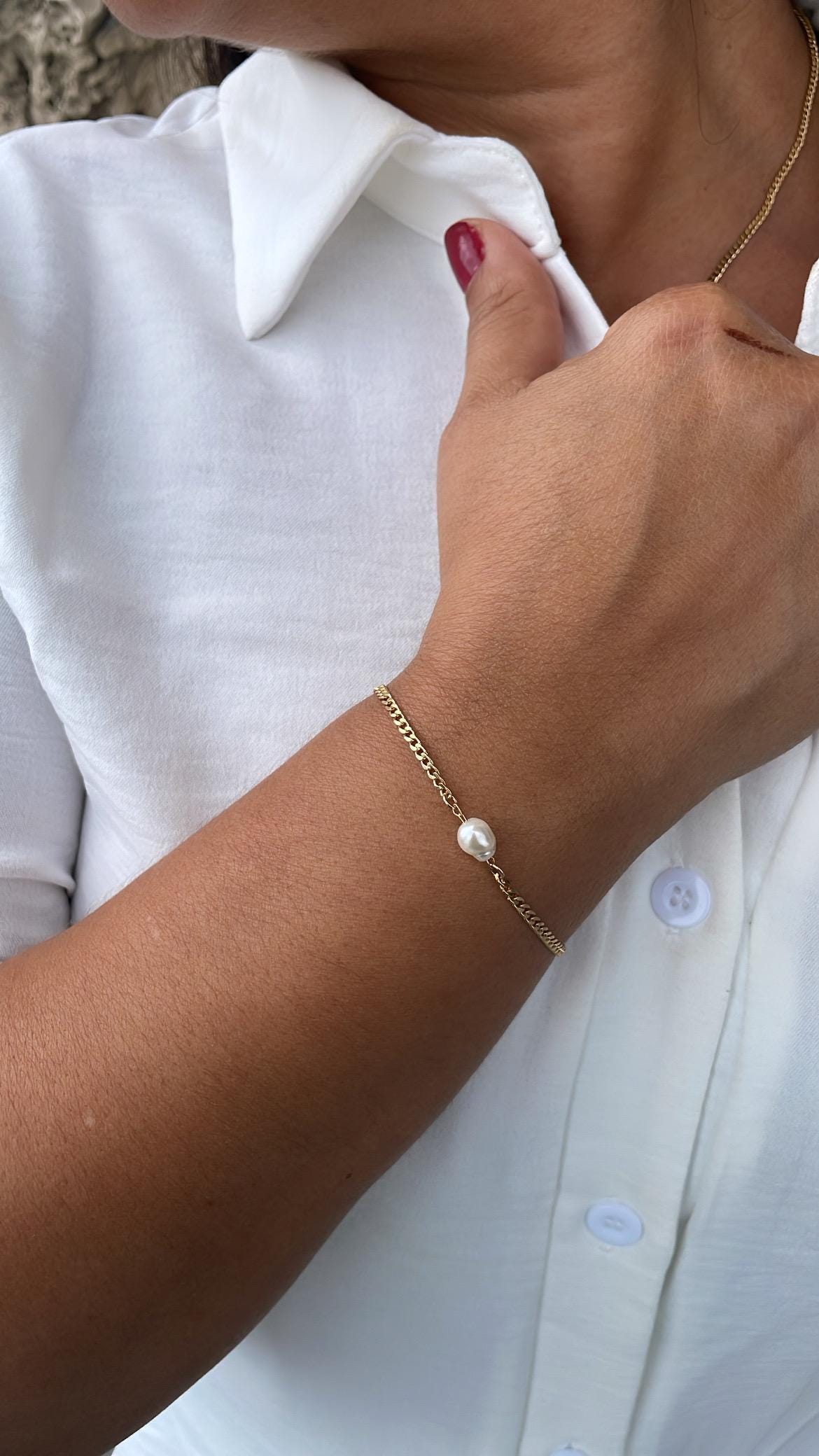 18k Gold Filled Cuban Link Chain with Synthetic Pearl Choker And Bracelet