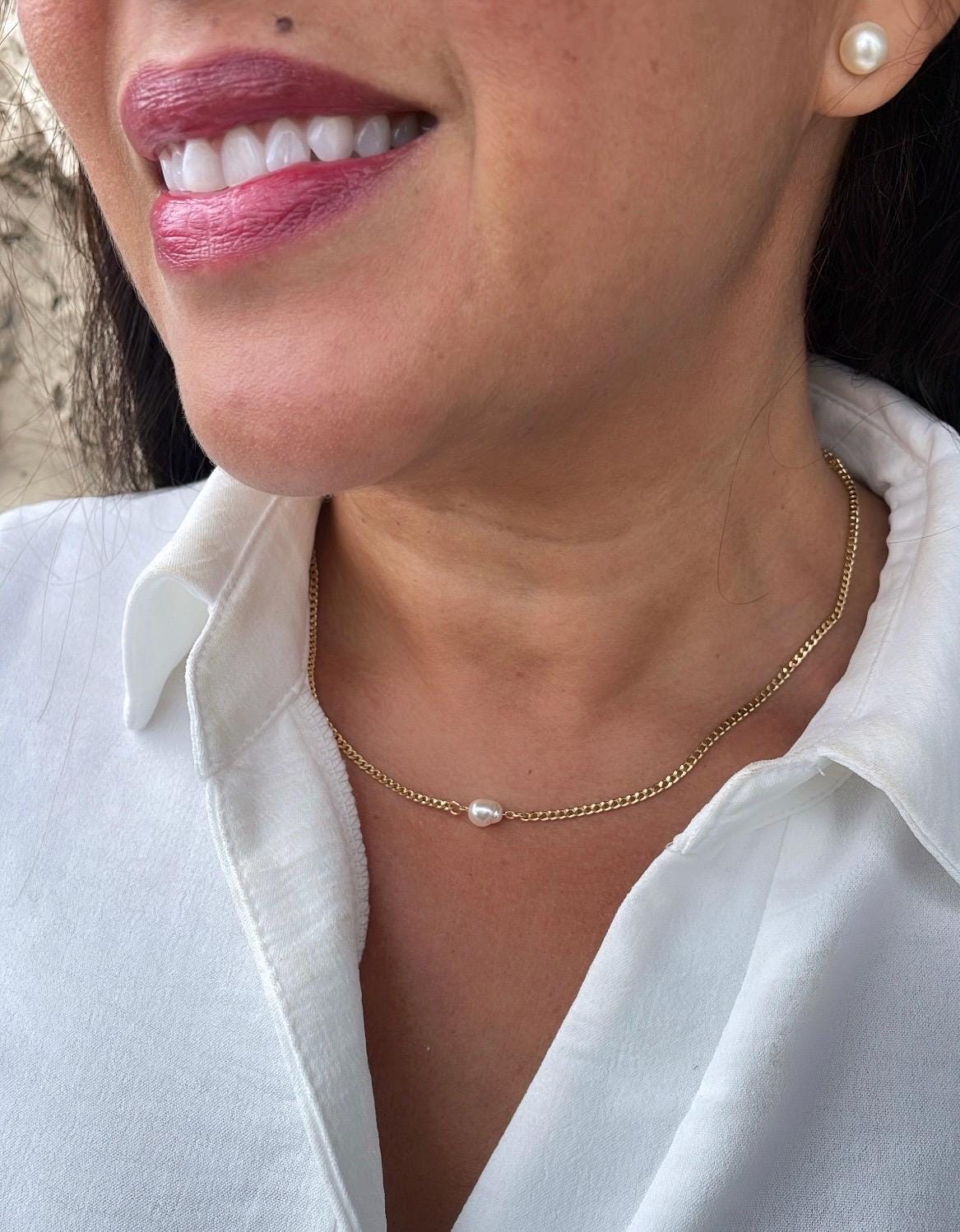 18k Gold Filled Cuban Link Chain with Synthetic Pearl Choker And Bracelet