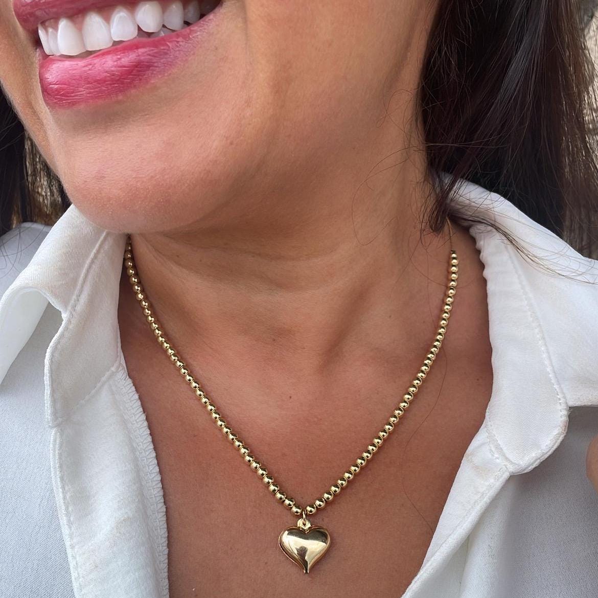 18k Gold Filled 4mm Beaded Choker With Heart Center