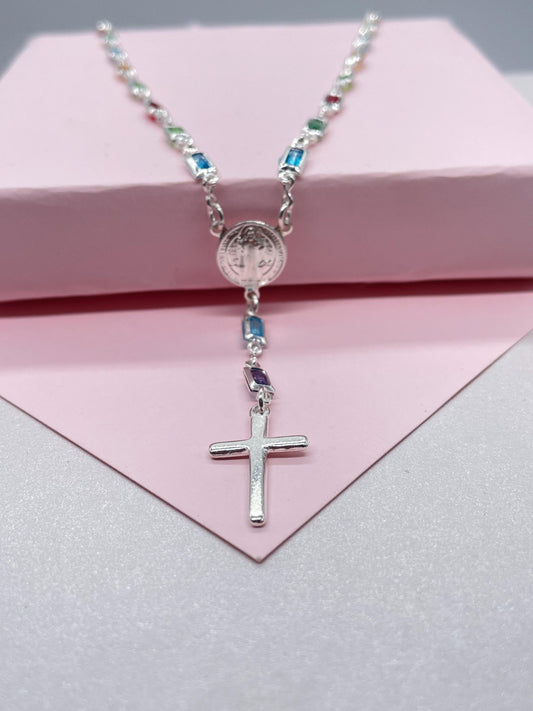 Silver Filled Small Square Colorful Rosary Necklace, Multicolor with St. Benedict Round Medal and Cross