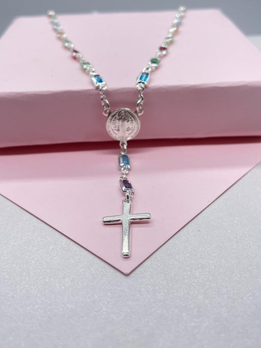 Silver Filled Rosary Necklace: Multicolor St. Benedict Medal, Cross