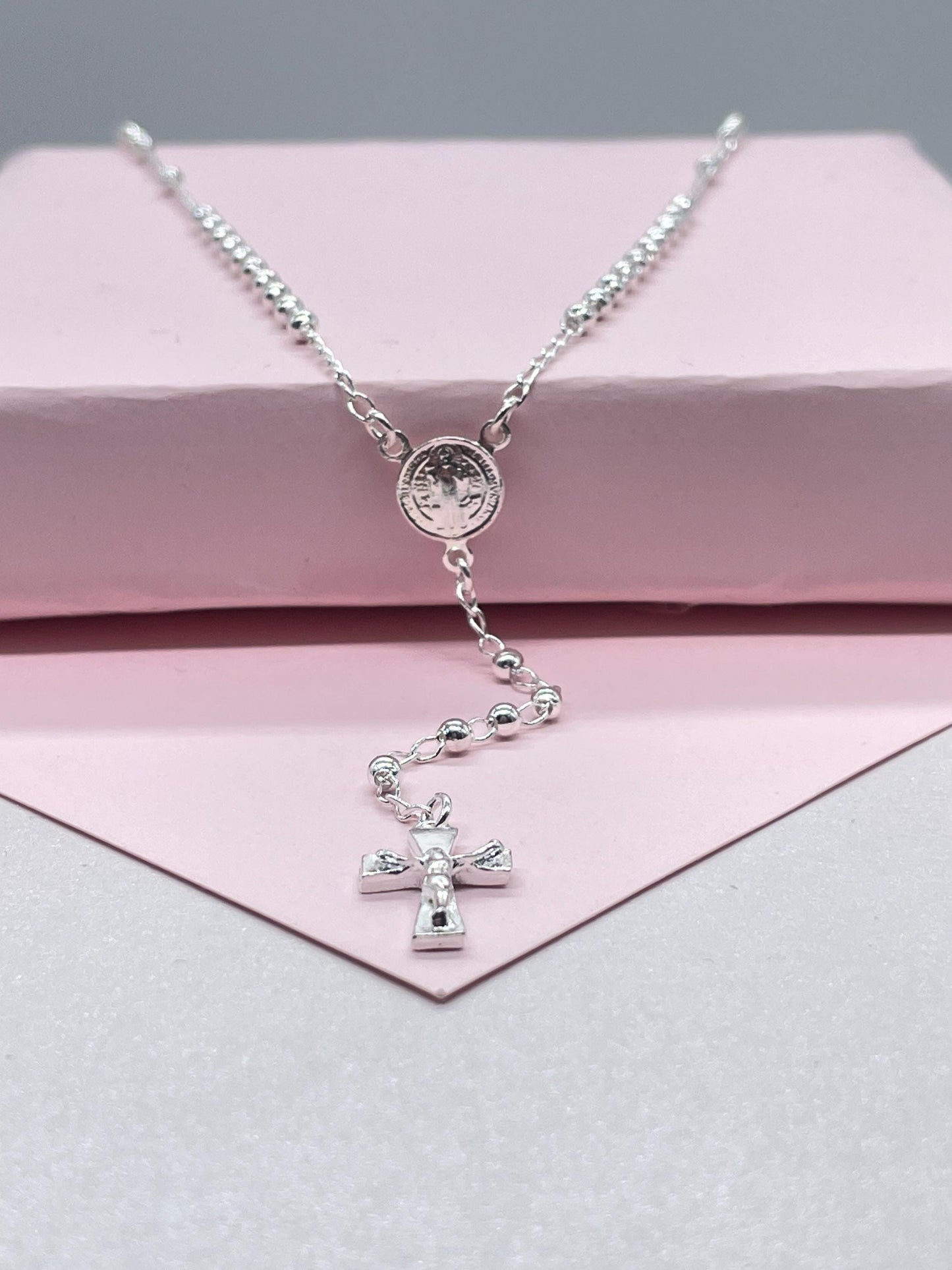 Silver Filled Dainty Rosary with Small Round Saint Benedict Meday and Chunky Crucifix Cross
