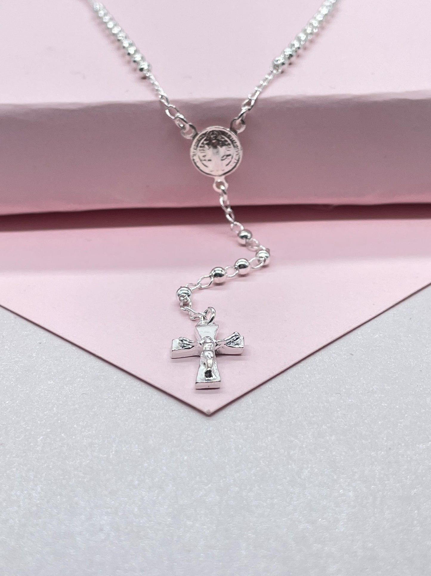 Silver Filled Dainty Rosary with Small Round Saint Benedict Meday and Chunky Crucifix Cross