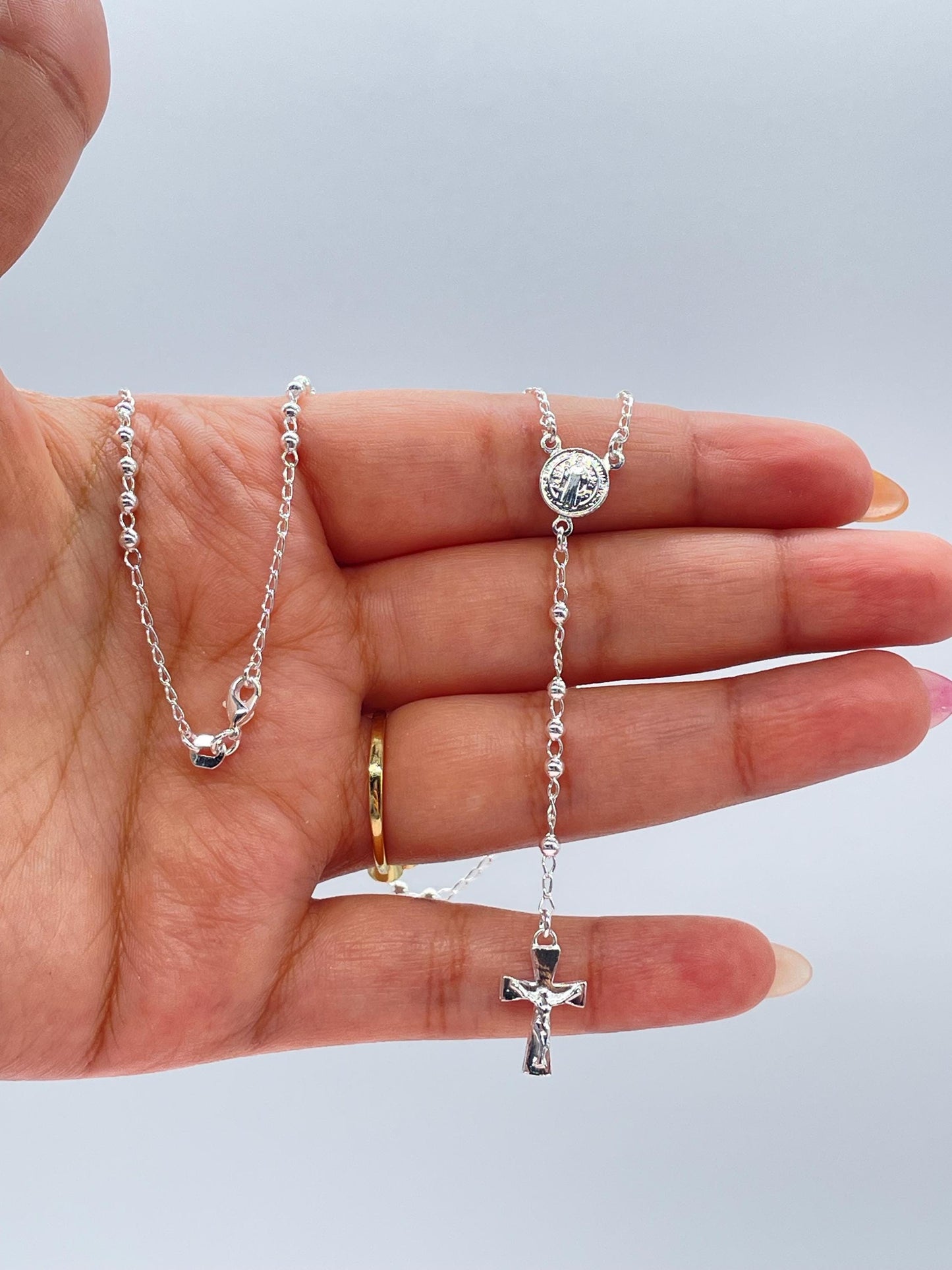 Silver Filled Dainty Rosary with Small Round Saint Benedict Meday and Chunky Crucifix Cross