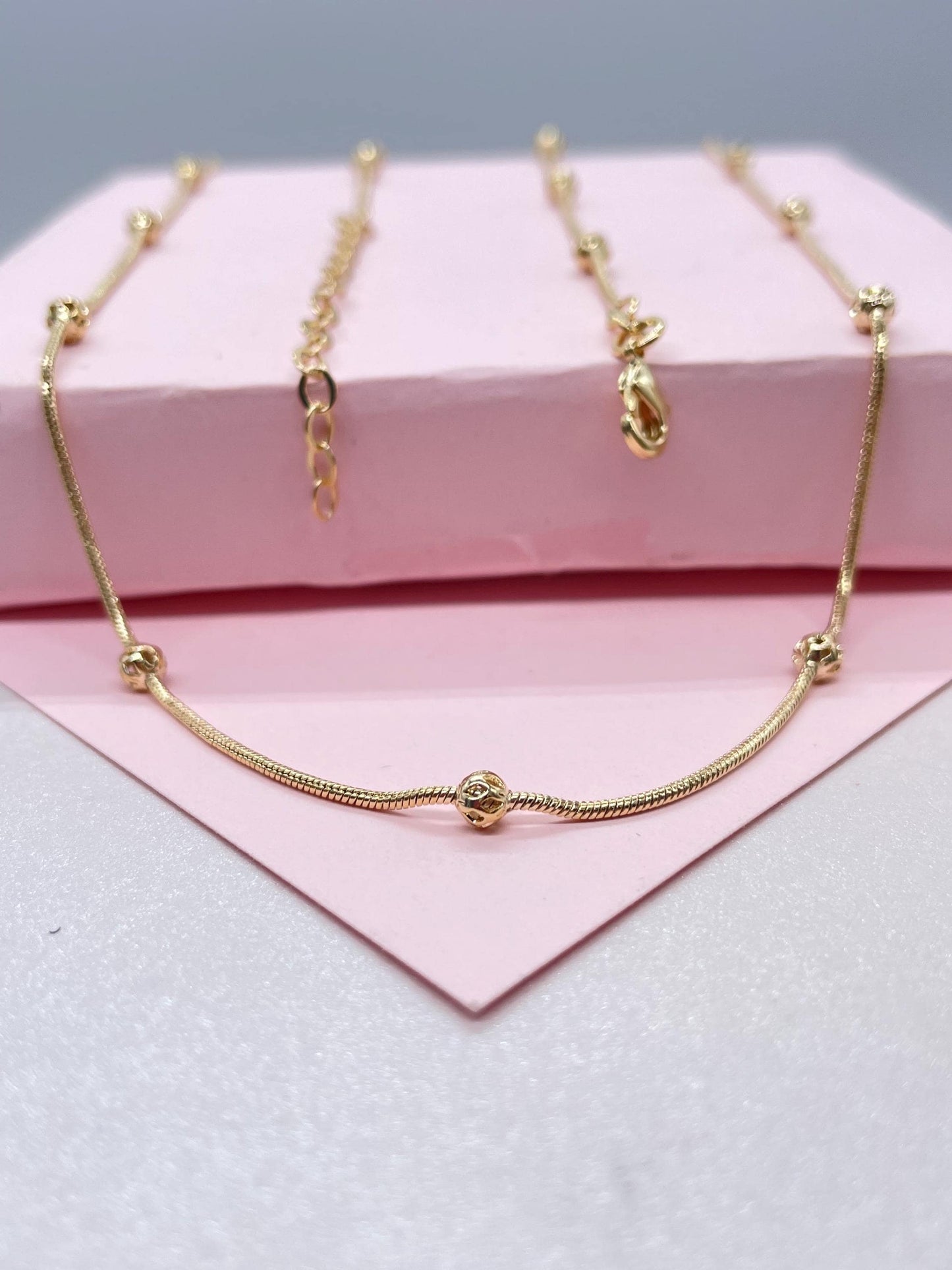 18k Gold Filled 1mm Satellite Snake Chain with Hollow Beads Attached