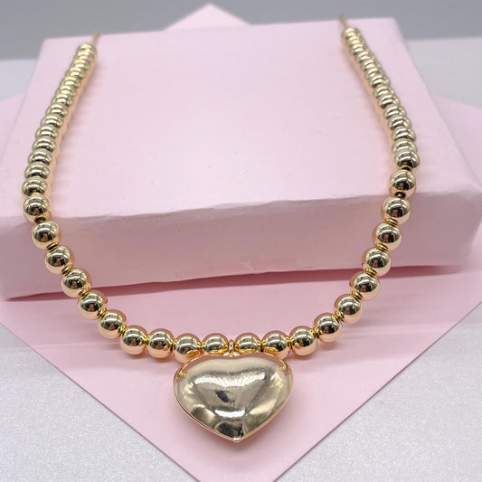 18k Gold Filled 6mm Bead Necklace with a Puffy Heart Charm attached