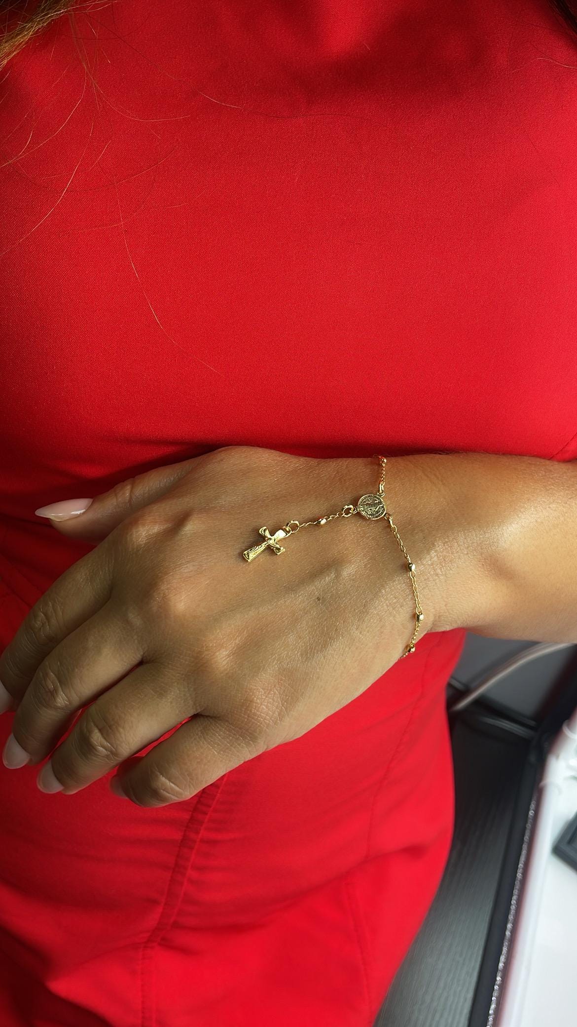 18k Gold Filled Dainty Rosary Bracelet Our Saint Benedict With Victorian Crucifix Detail
