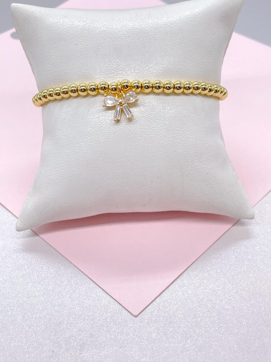 18k Gold Filled Elastic Classic 4mm Beaded Bracelet with CZ Dainty Bow
