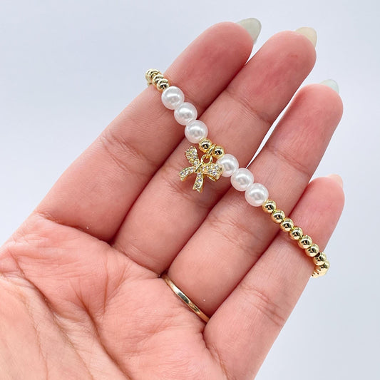 18k Gold Filled Elastic Classic 4mm Gold and Pearl Beaded Bracelet with CZ Pave Bow