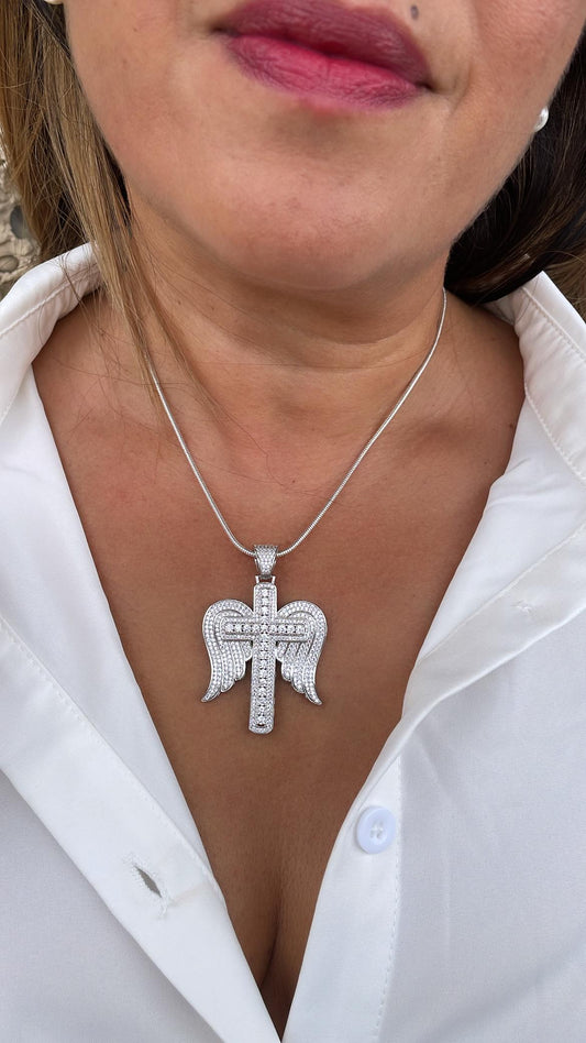 18k Gold & Silver Filled CZ Angel Wings Cross Pendant