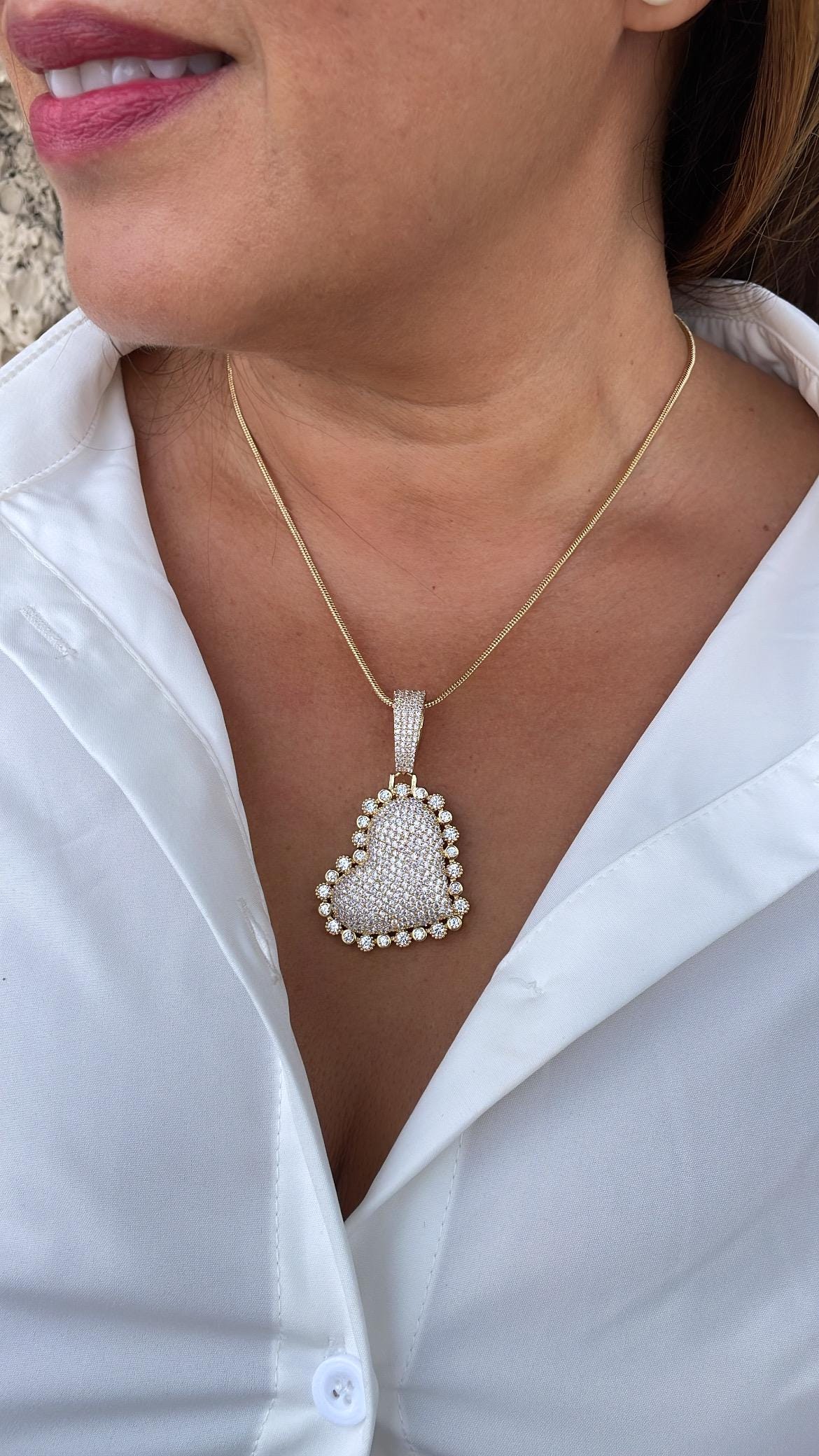 18k Gold Filled CZ Pave Large Puffy Heart Charm Pendant Crowned with Small Circle Zirconia