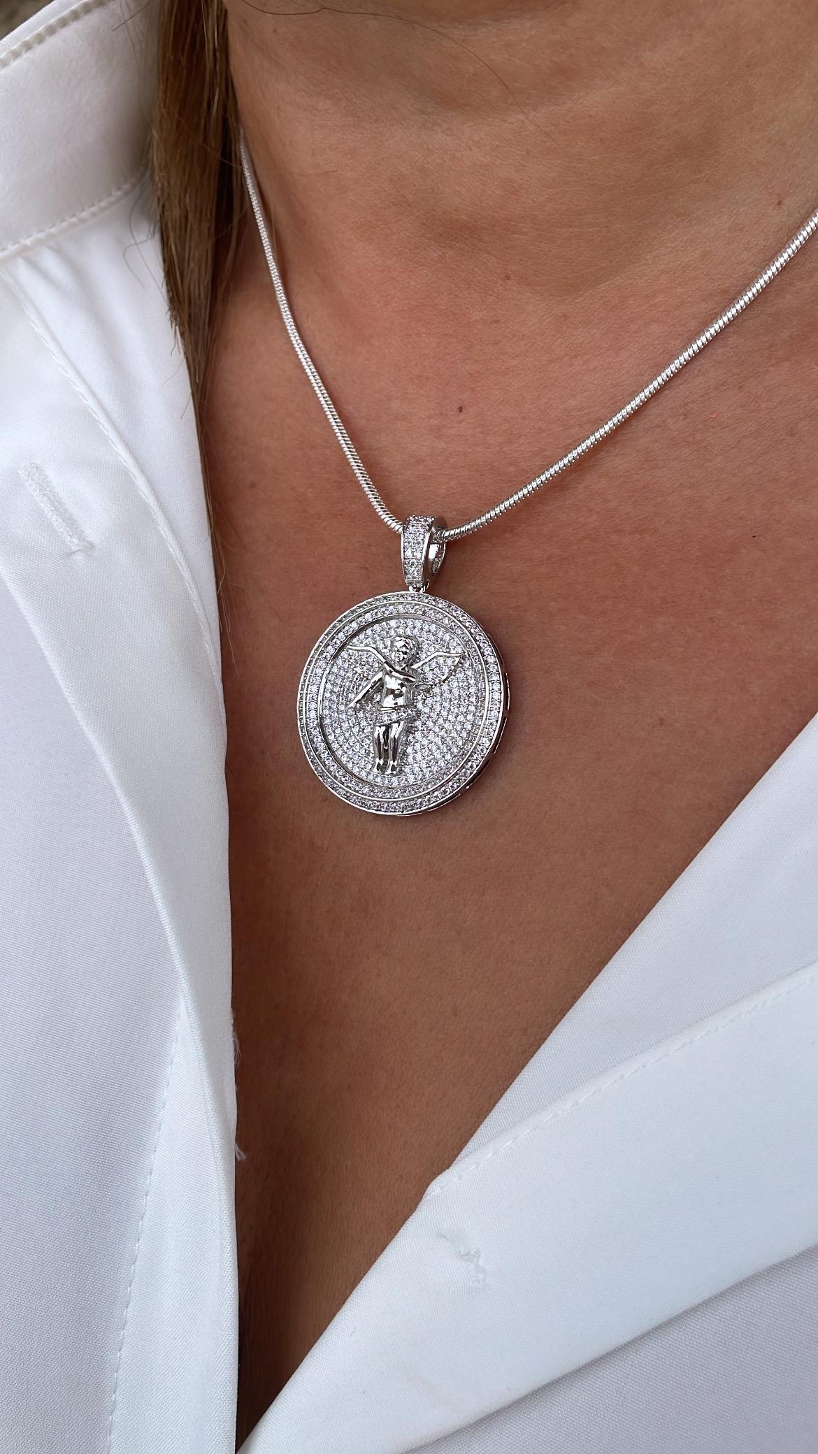 Silver Filled CZ Pave Zirconia Open Wings Angel Pendant Medal