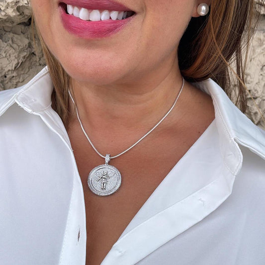 Silver Filled CZ Pave Zirconia Open Wings Angel Pendant Medal