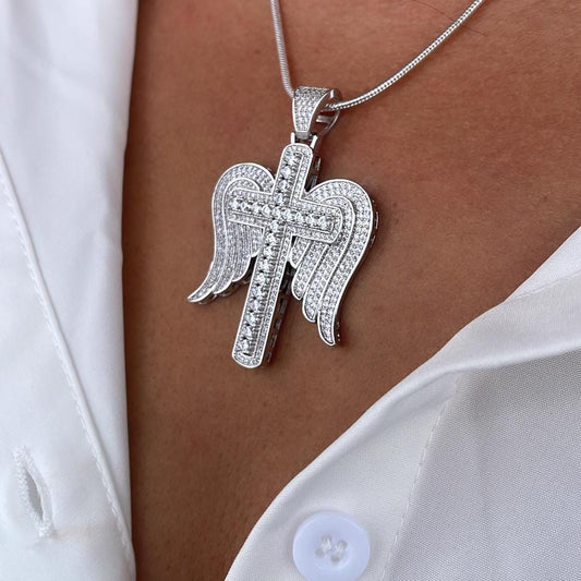 18k Gold & Silver Filled CZ Pave Zirconia Open Angel Wings Angel featuring a Stone Cross in the Center