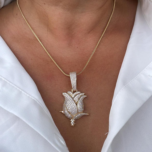 18k Gold Filled Large White CZ Pave Rose Pendant