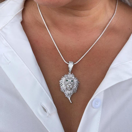 18k SilverFilled Medium Sized Lion Head Pendant With Emerald Green Eyes
