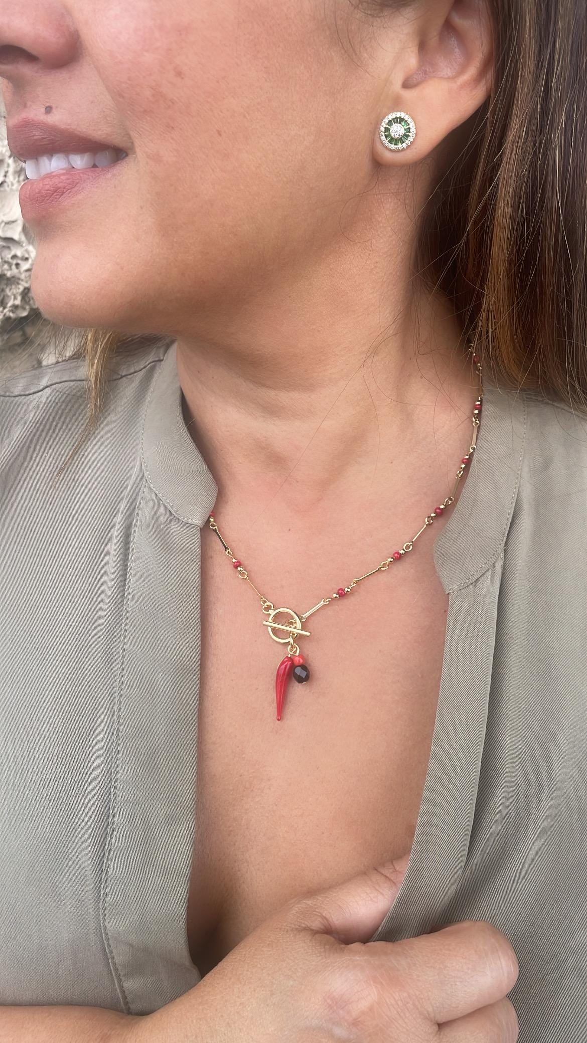 18k Gold Filled Dainty Natural Satellite Toggle Choker Necklace, with Azabache and Chili Pepper Protection Charm