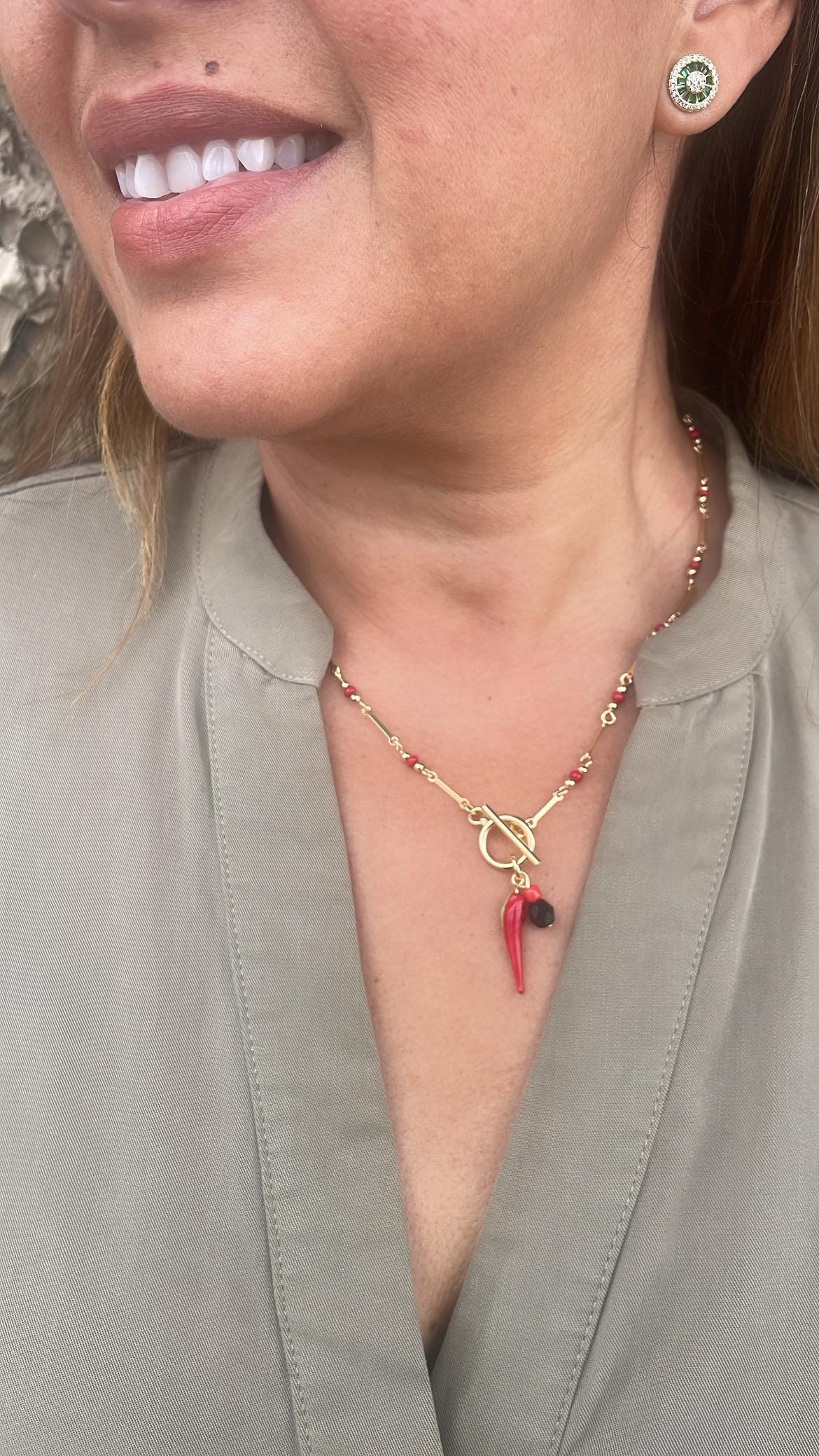 18k Gold Filled Dainty Natural Satellite Toggle Choker Necklace, with Azabache and Chili Pepper Protection Charm