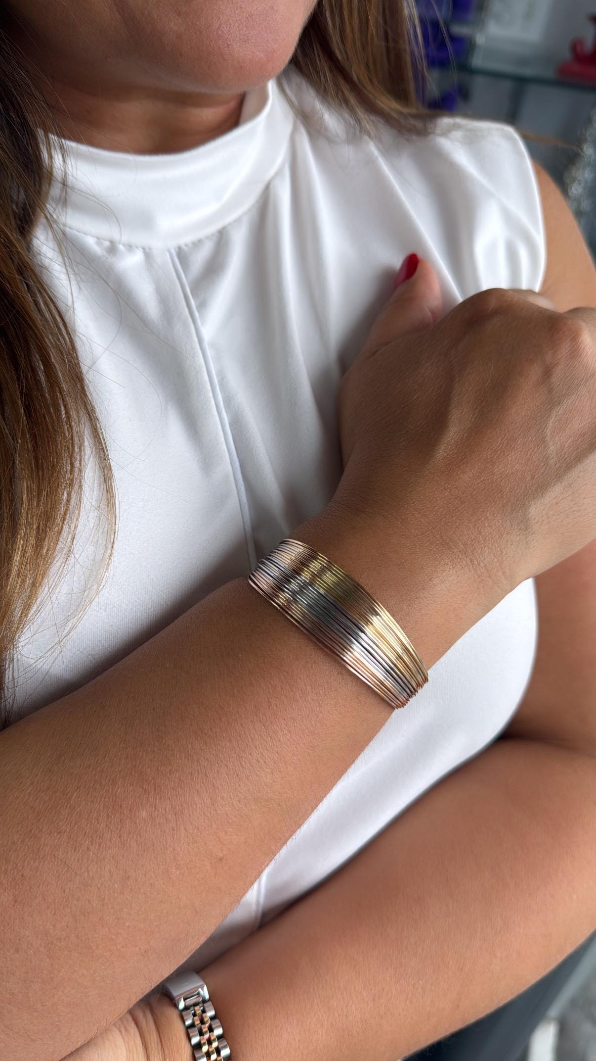 18k Gold Filled Tri-Color Wire Layered Bangle Cuff Bracelets