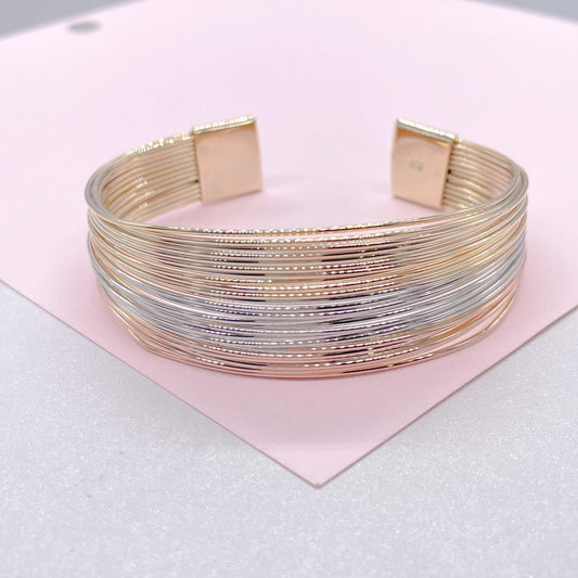 18k Gold Filled Tri-Color Wire Layered Bangle Cuff Bracelets