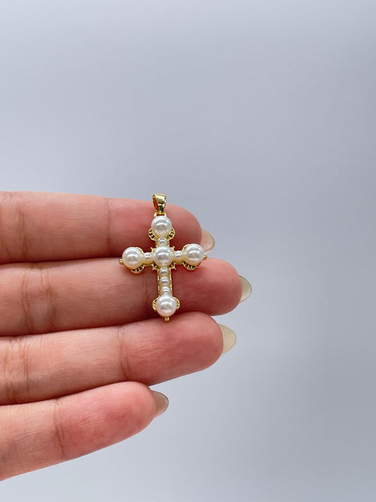 18k Gold Filled Faux all around Pearl Style Cross Pendant