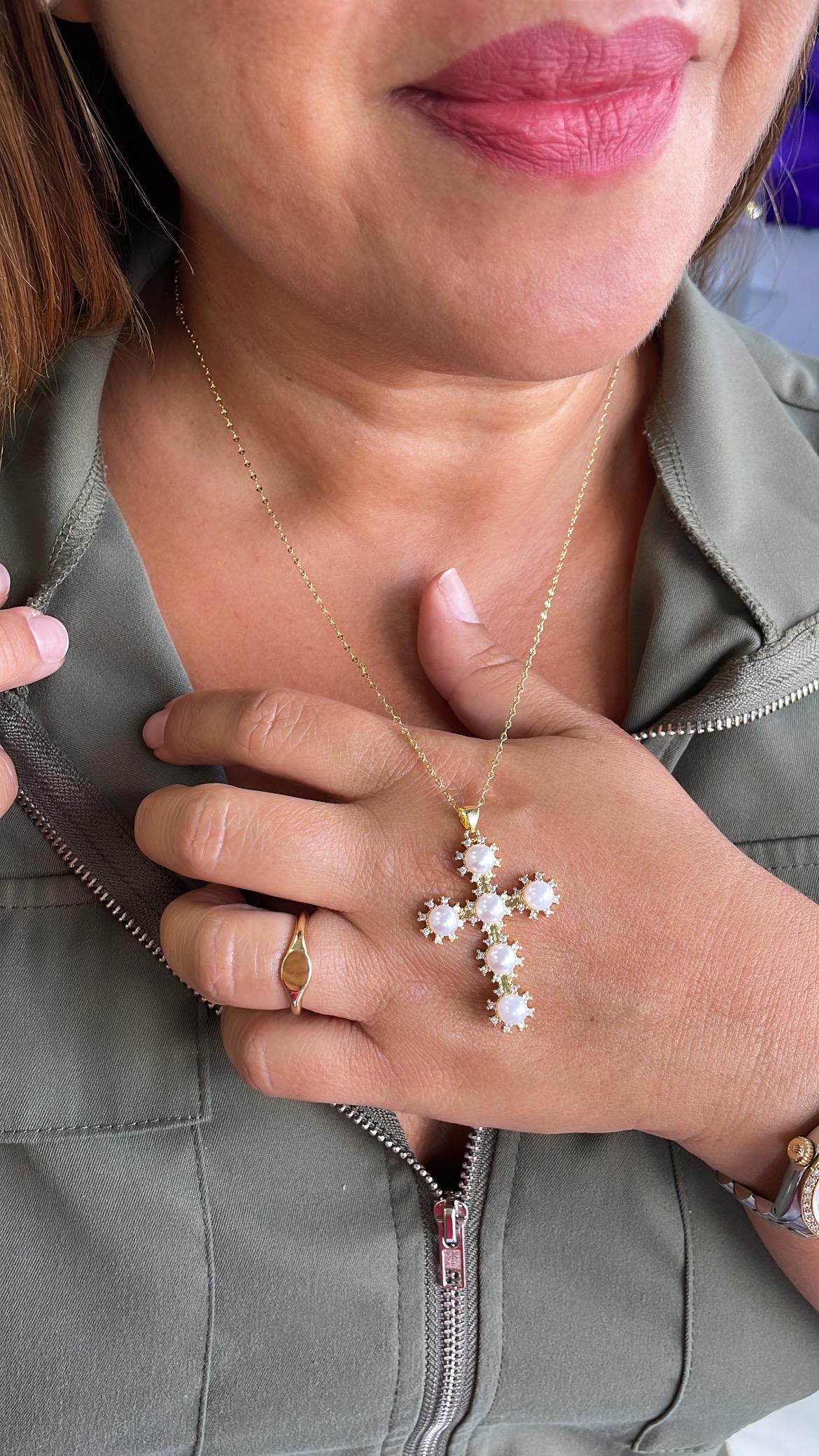 18k Gold Filled Faux All Around CZ Pearl Style Cross Pendant