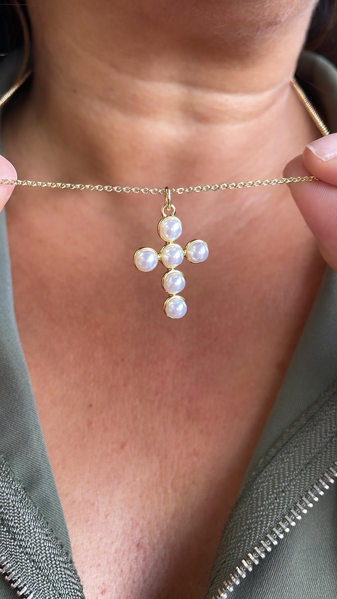 18k Gold Filled Faux XL Puffy Pearl Style Cross Pendant