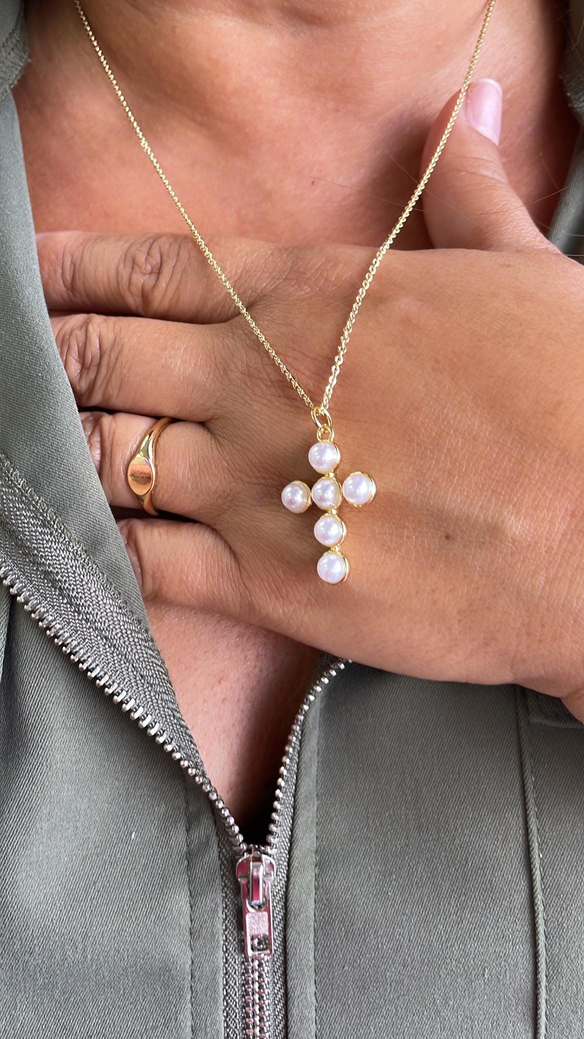 18k Gold Filled Faux XL Puffy Pearl Style Cross Pendant