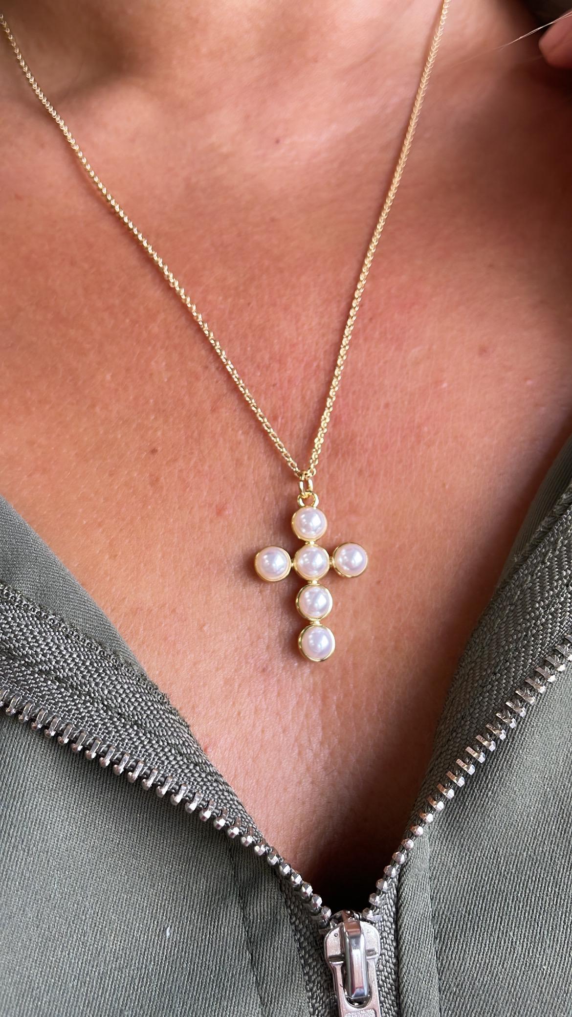 18k Gold Filled Faux XL Puffy Pearl Style Cross Pendant