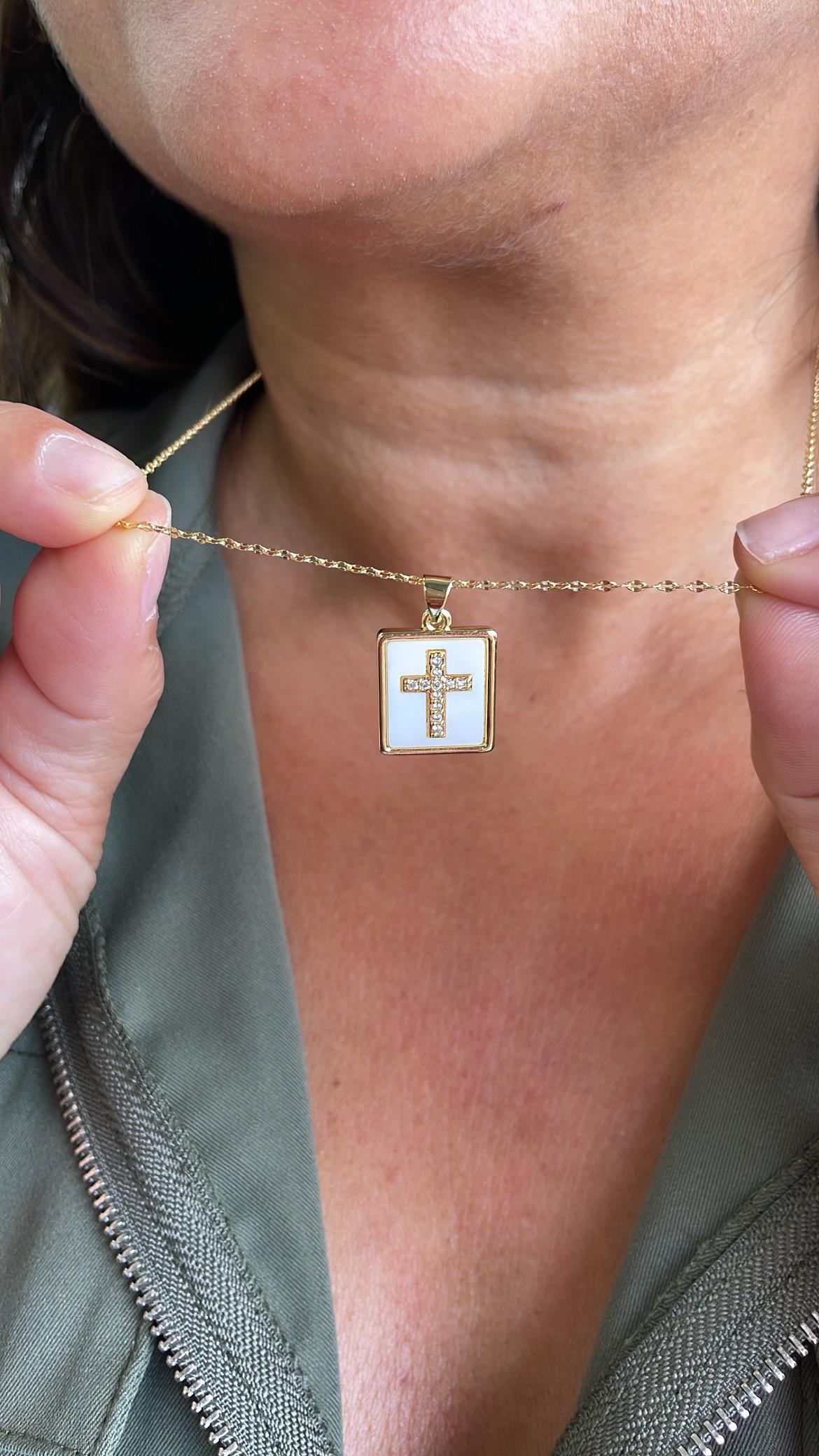 18k Gold Filled Square Medallion Pendant: CZ Cross, Faux Pearl