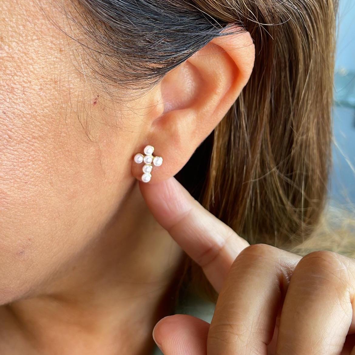 18k Gold Filled Tiny Cross Beaded Pearl Stud Earring, Christening Jewelry, Cross Earrings, Pearl Cross, Dainty Cross