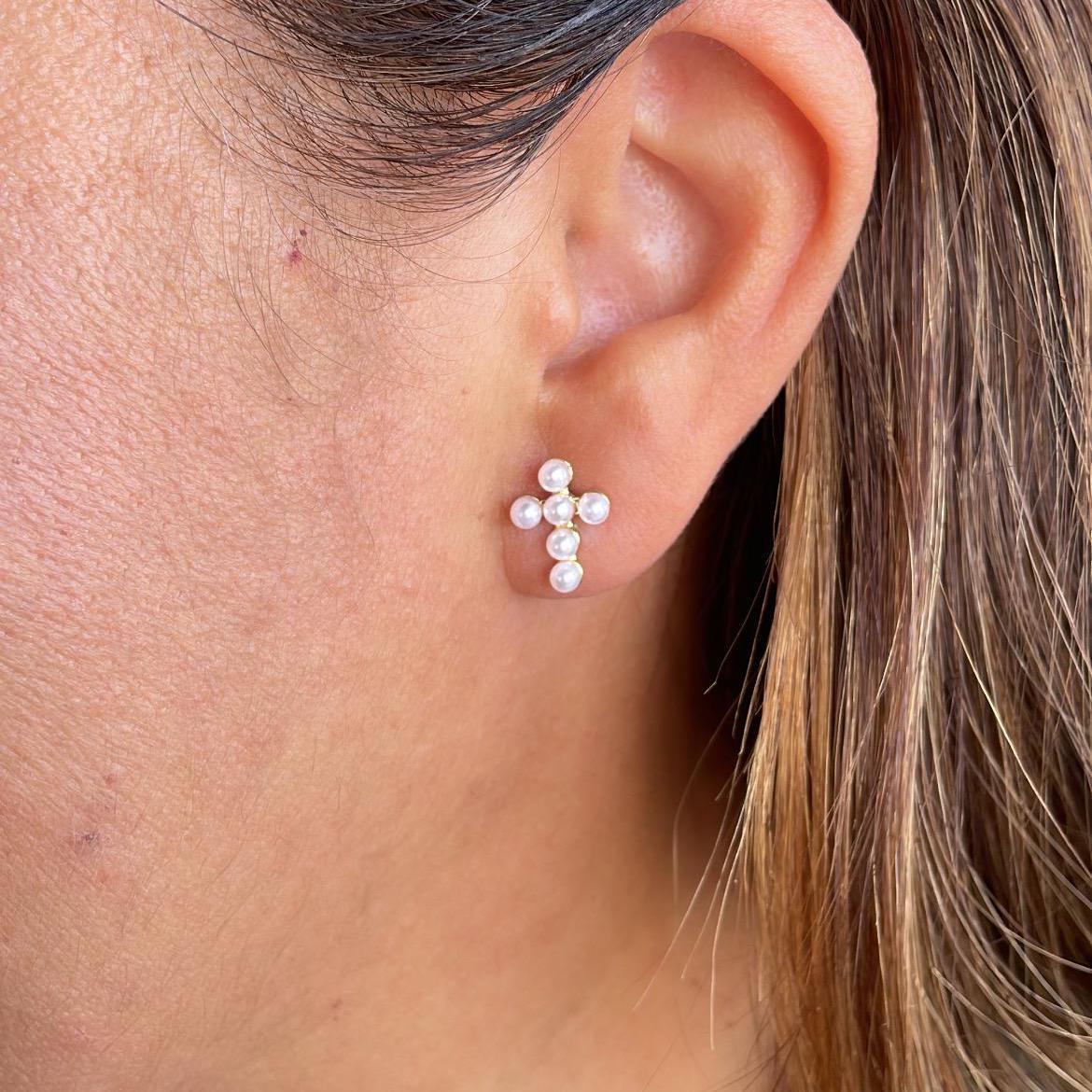 18k Gold Filled Tiny Cross Beaded Pearl Stud Earring, Christening Jewelry, Cross Earrings, Pearl Cross, Dainty Cross