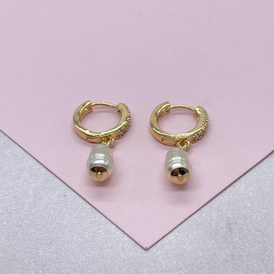 18k Gold Filled CZ Hoop Earring with Dangling Faux Pearl