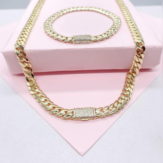 14k Gold Filled Monaco Link Chain Necklace or Bracelet: CZ Pave Clasp
