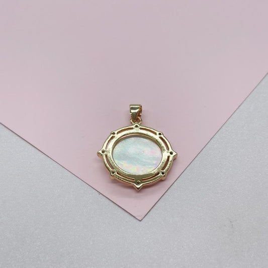 18k Gold Filled Virgin Mary/Guadalupe Mother of Pearl Medallion Charm with Beveled CZ, Guadalupe Necklace, Virgin Mary Charm