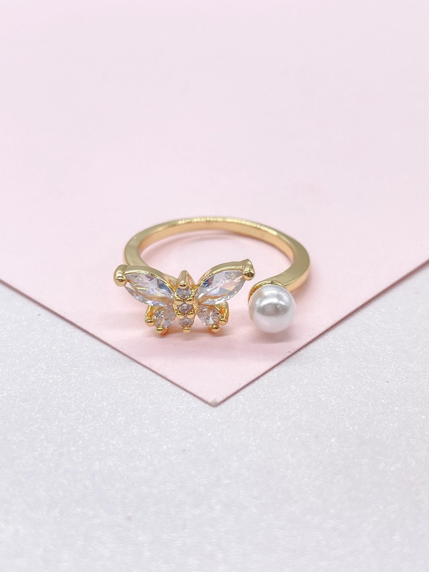 Adjustable 18k Gold Filled Dual Ended Butterfly Ring With CZ and Pearl