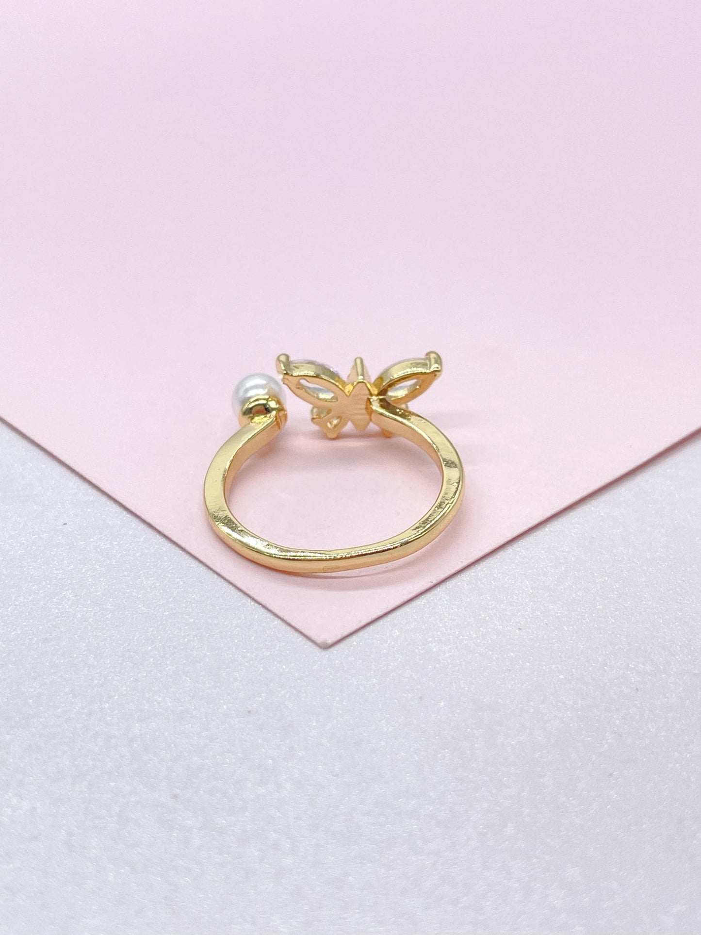 Adjustable 18k Gold Filled Dual Ended Butterfly Ring With CZ and Pearl