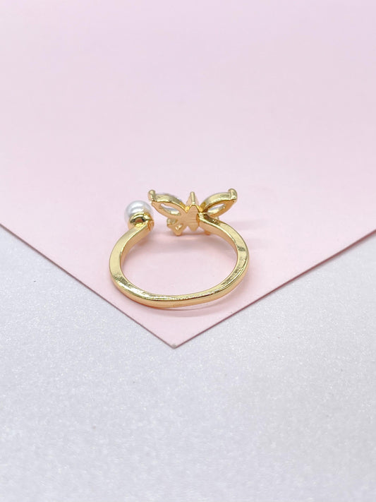 Adjustable 18k Gold Filled Dual Ended Butterfly Ring With CZ and Pearl