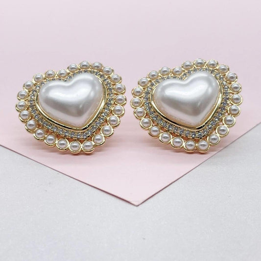 18k Gold Filled XL Puffy Heart Stud Earrings, Crowned with CZ and Round Rice Pearl